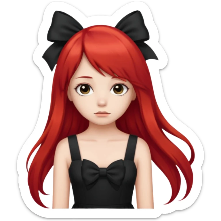 red long twin tail hair girl with black bow on her hair wearing black dress with a sad face sticker