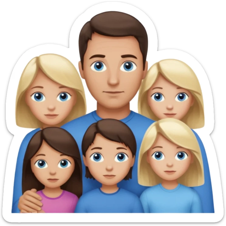 Family portrait with father with dark brown hair and blue eyes, mother with light brown hair and blue eyes, three blonde little girls with blue eyes sticker
