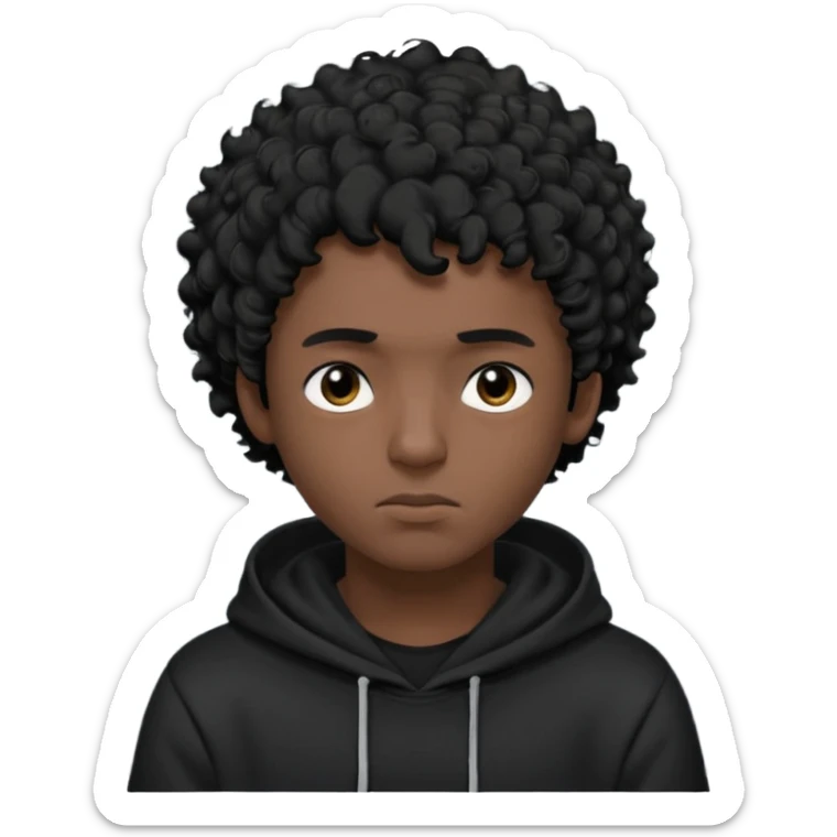Emoji with guy with curly black hair and short quiff hairstyle, he is looking similar to music artist Central Cee, wear black t-shirt and black hoodie with hood pulled on his head. Looking straight at us, without deforming his face sticker