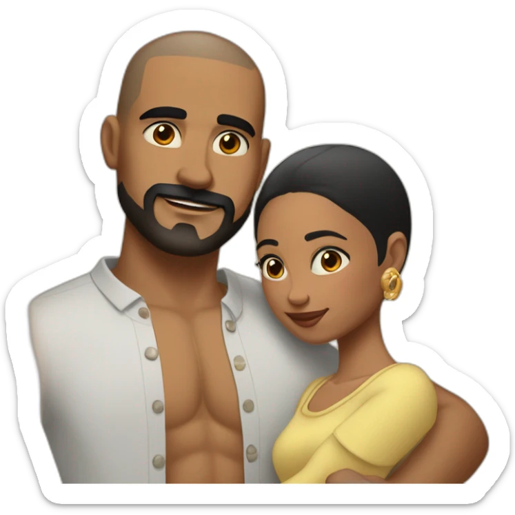 Shaved hair latino man with skin fade, detailed moustache and beard, cuddling a black woman with straight black hair and big earrings sticker