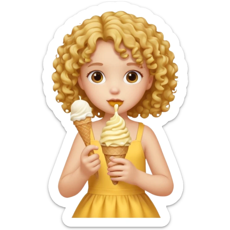 a little girl kid with curly hair, yellow dress, eat ice cream sticker