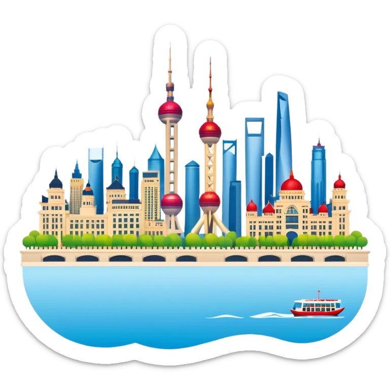Shanghai The Bund skyline, simplified emoji style with bold outlines and bright colors, cartoon style modern buildings and Oriental Pearl Tower sticker