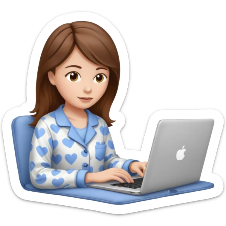 A brown hair, white skin woman at home with pajamasscrolling, with a laptop open to a work document sticker