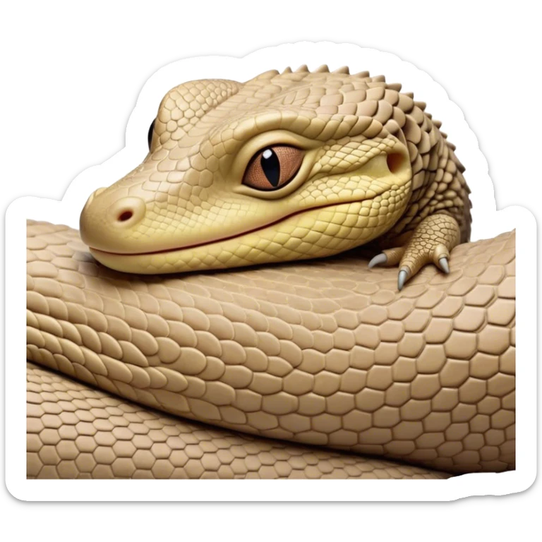 Meme-Worthy cute Sleeping Monitor Lizard Portrait Emoji, Head resting peacefully with a contented smile, showcasing intricately patterned scales and eyes gently closed in serene slumber, Simplified yet comically adorable features, highly detailed, glowing with a soft, drowsy earthy light, high shine, relaxed and utterly lovable, stylized with an air of playful laziness, bright and heartwarming, soft glowing outline, capturing the essence of a sleeping reptilian guardian that feels destined to become the next viral icon of adorable rest! sticker