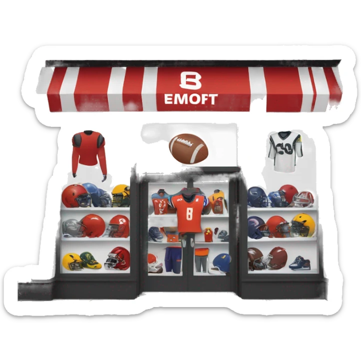 “Football store exterior with bold signage, large windows showcasing football gear, jerseys, and accessories, and a dynamic, athletic design reflecting the energy of the sport.” sticker