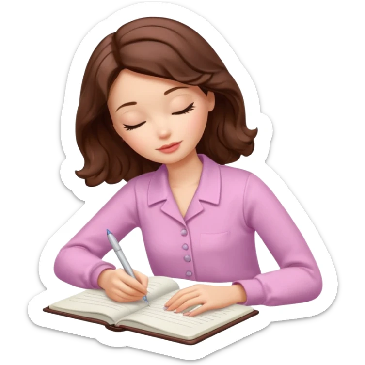 White Barbie girl dark Chestnut bob wavy hair sleeping with In pale creamy color clothes, he writes in a notebook sticker