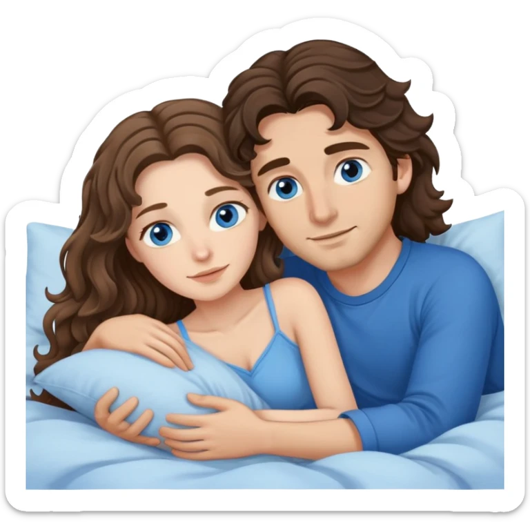 Man with dark brown wavy hair with brown eyes and one woman with long dark blond wavy hair with blue eyes in bed cuddling  sticker