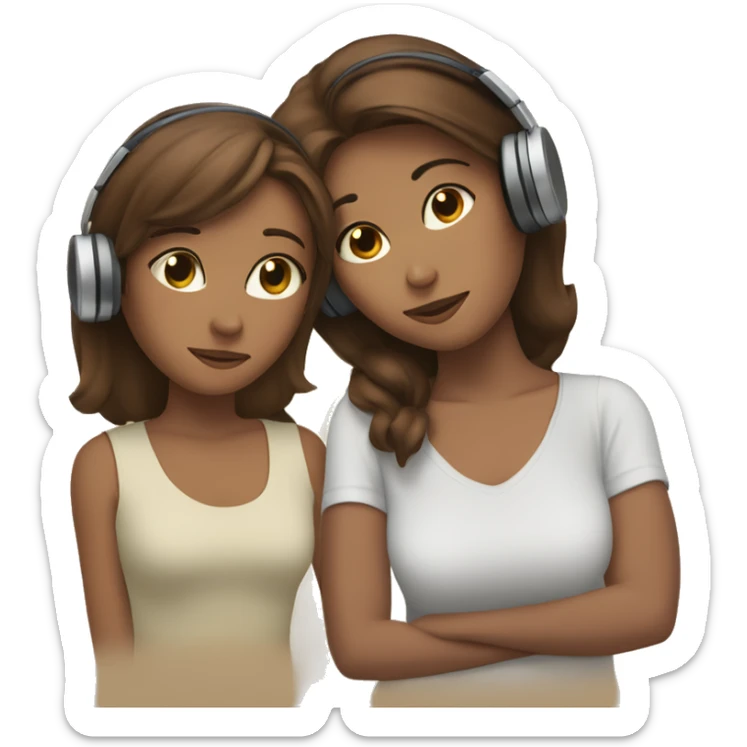 woman with brown, short hair wearing wired headphones sitting next to a woman with long brown hair resting her head on the other woman’s shoulder sticker
