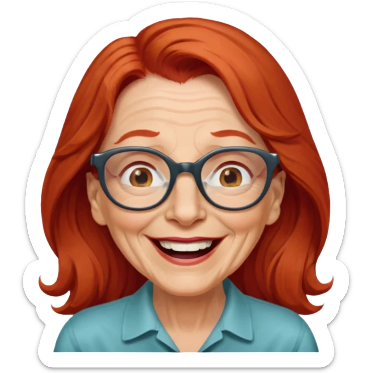 obese; older 50's ; long red hair ; women hazel eyes; glasses ; laughing sticker