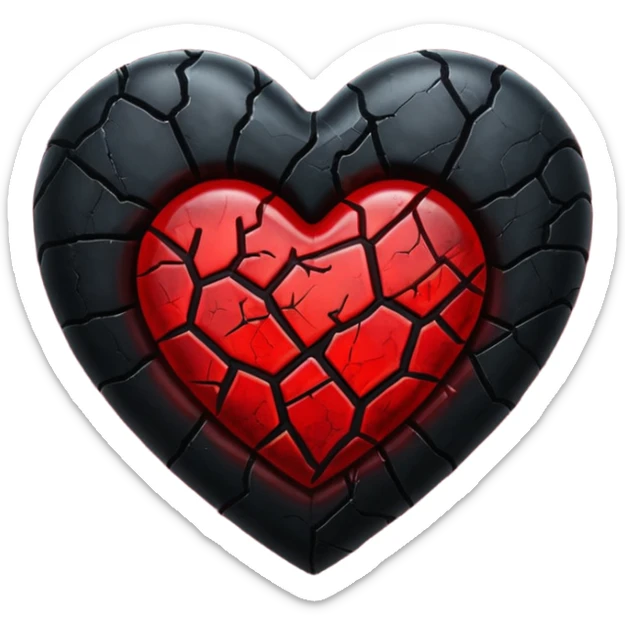 iOS style emoji, dark fantasy heart, black cracked heart, red inner glow, glossy sticker