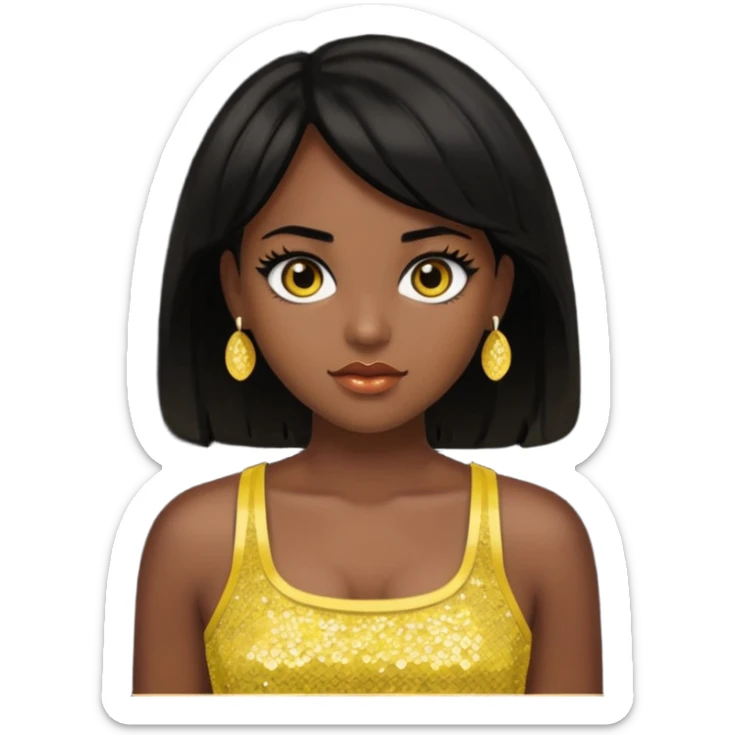 Christie from Barbie & Friends with brown eyes, black hair, yellow sequin crop top, dark skin sticker
