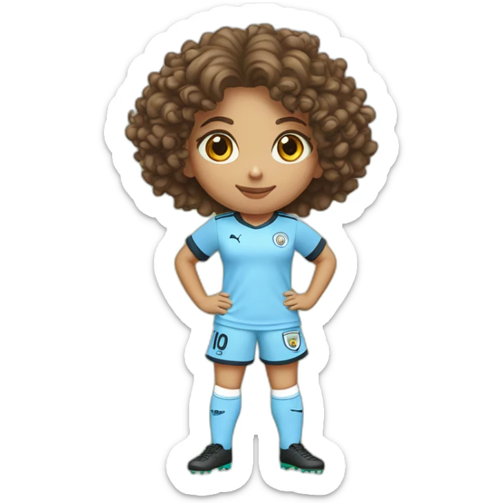 girl with short curly brown hair and eyes wearing Manchester City football shirt, fluro orange soccer boots, standing with a soccer ball sticker