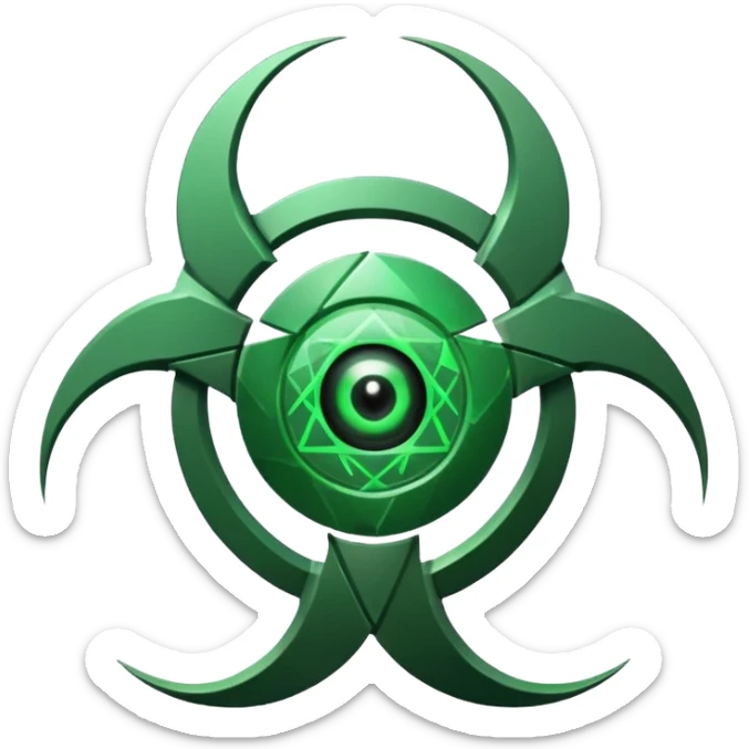 Minimalist emoji-style sticker of a fractured biohazard symbol with a small eye in the center. Stylized, geometric, no text.
 sticker