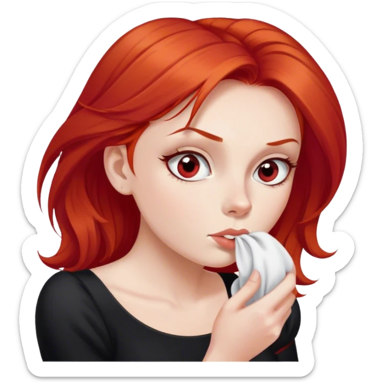 a woman with red hair and red eyes sniffing a white sock. The woman wear a black  dress sticker