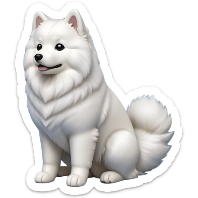 cinematic-[samoyed]-realistic-full-body-sitting-emoji,-tail-resting-loosely-beside-its-paws,-head-tilted-dramatically, -fluffy-[white]-fur,-simplified-yet-realistic-focused-features,-highly-detailed,-glowing-with-an-almost-sarcastic-glow sticker