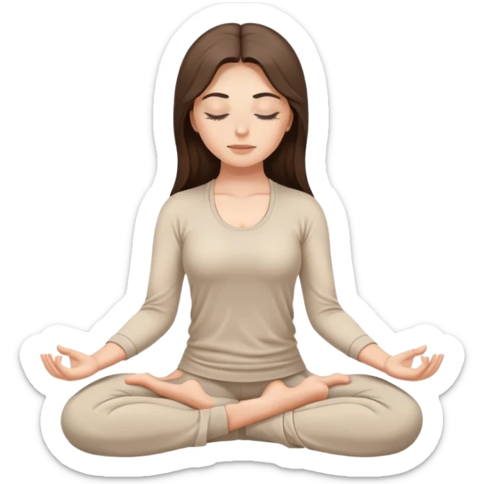 Brunette long hair Woman wearing neutral with eyes closed and long eyelashes doing yoga mediation  sticker