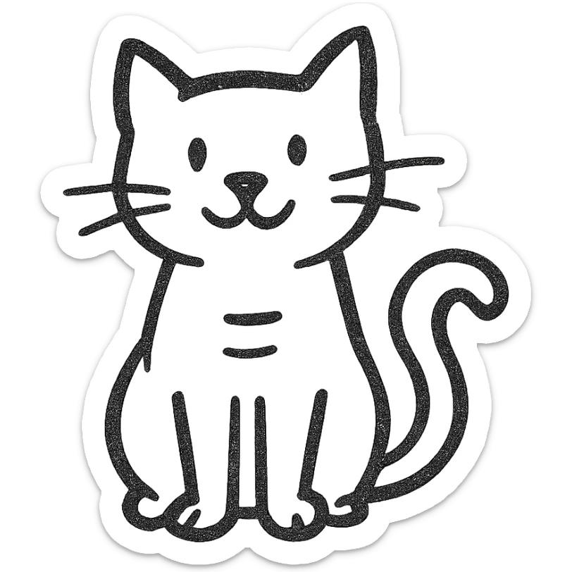 hand-drawn black outline icon of a playful cat named Murzik, sitting with its tail curled sticker