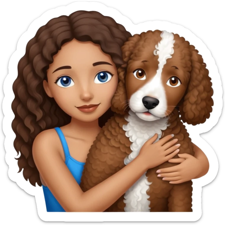 A brown girl with blue eyes hugging her Brown Spanish water dog  sticker