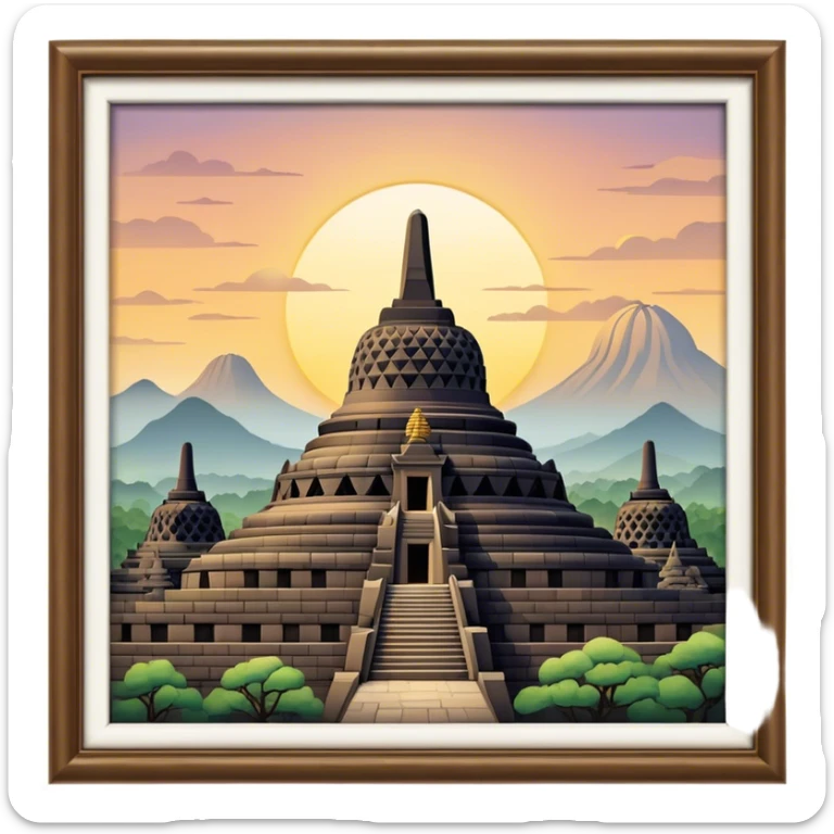 Cinematic Realistic Borobudur Landmark Emoji, showcasing the majestic ancient Buddhist temple rendered with intricate textures and serene, historic lighting. sticker