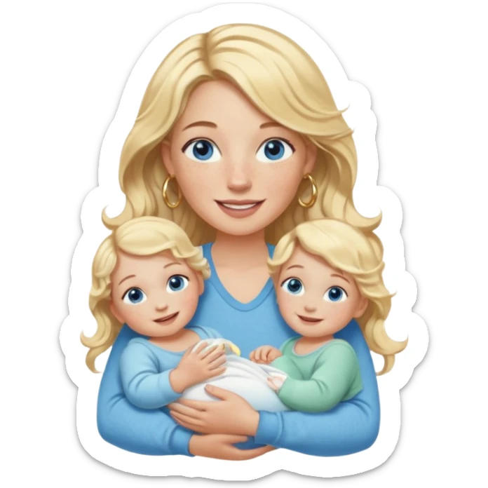 Wavy blonde, white woman with blue eyes, freckles hoop earrings, holding babies smiling and really cute in gold hoops she needs to be holding three newborns, and she needs to be more cute than pretty sticker