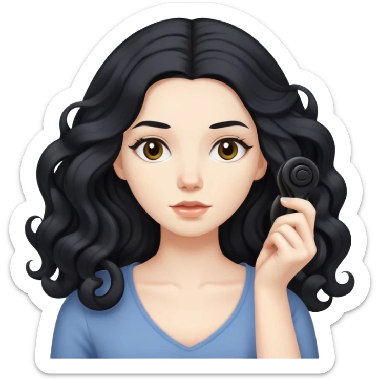 pale skinned woman with long black hair curling her hair, getting ready sticker