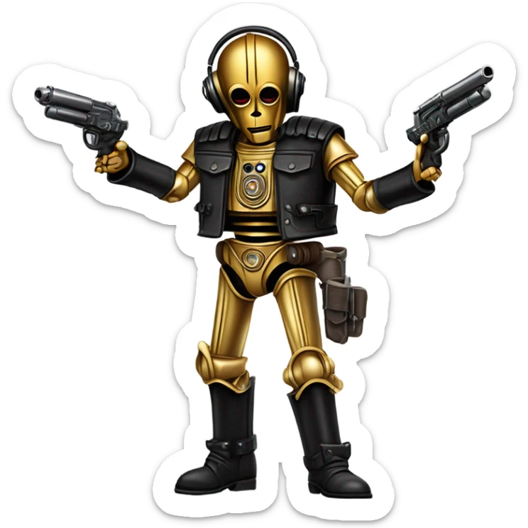 battle rough and tough bounty hunter c3Po wearing Satan’s leather biker outfit with guns and wide-brim hat on head. walking sticker