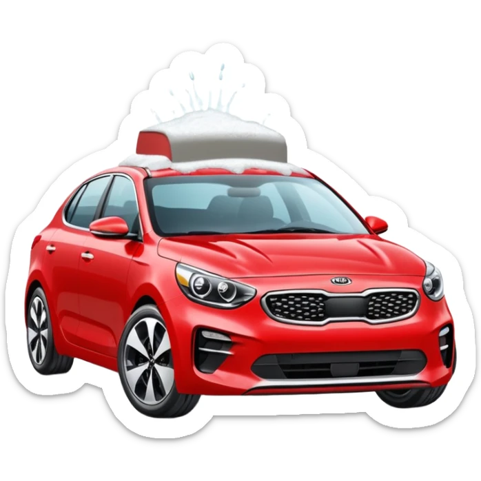 red kia car with foam cover it in a car wash shop sticker