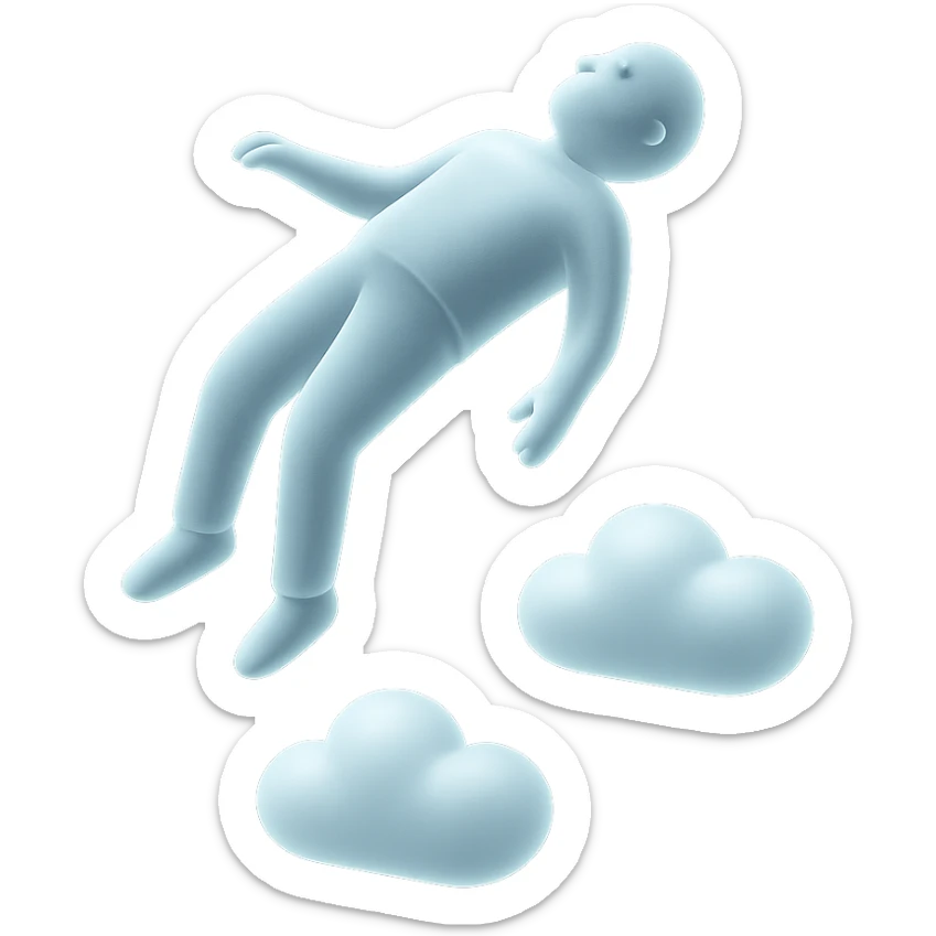 unconscious person flying vertically, clouds small, very bright white, fluffy, convex, matte glass style sticker
