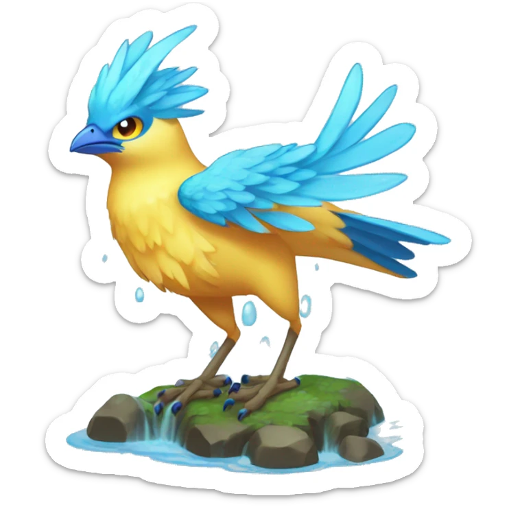 Wet Cool Cute Fantasy legendary blue bird water-type-Hydro-Phoenix-avian Fakemon full body sticker