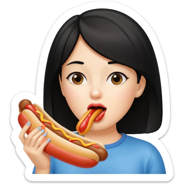 Black haired girl holding hotdog near mouth pretending to lick it sticker
