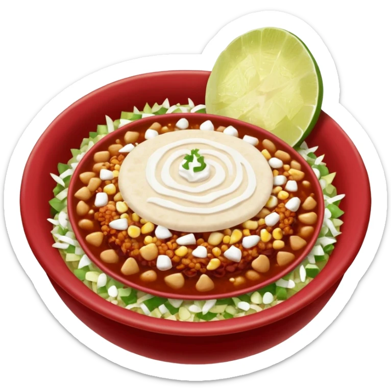 A delicious hot bowl of pozole rojo emoji. Steam rising. Hominy visible. Place the sides next to the bowl: chopped onions, shredded cabbage, lime wedges, red chile de arbol salsa, and full round tostadas with a light smear of sour cream sticker