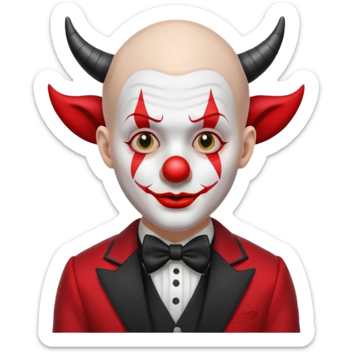 Crea un payaso con cara blanca sin pelo con cuernos negros y un traje rojo con negro sticker