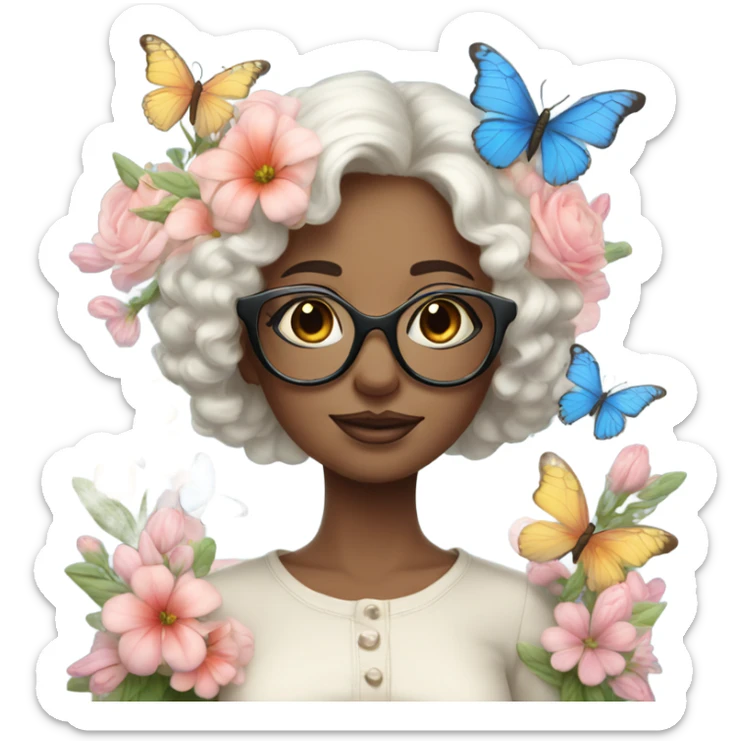 Gorgeous pastel lady with flowers and butterflies with blue eyes and glasses  sticker