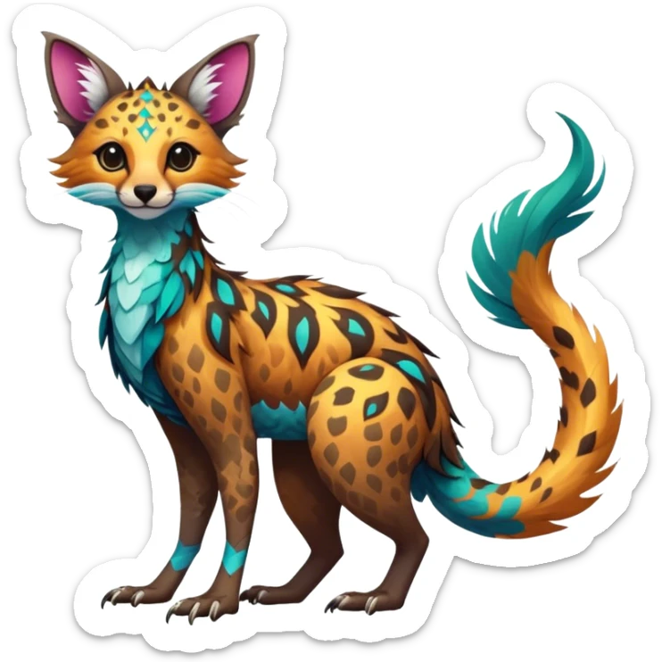 Feral Rare Fantasy vibrant colorful tropical Vernid-Trico-species by LiLaiRa, random markings, tufted tail, tufted ears, full body sticker