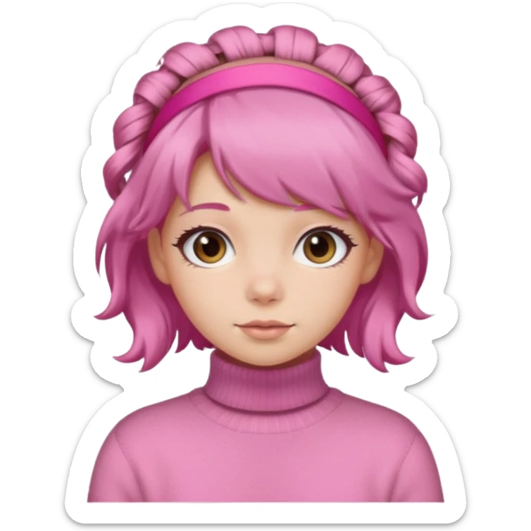 brown fluffy haired girl with pink turtleneck sweater and pink hair band sticker
