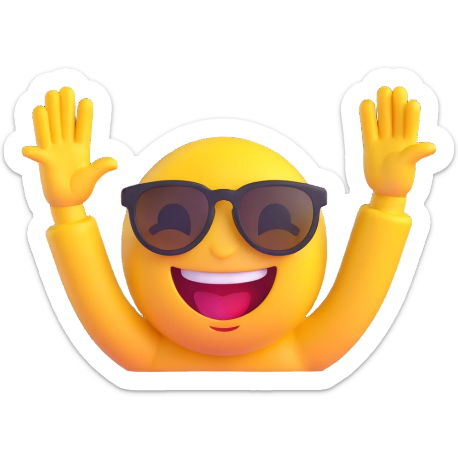 yellow emoji with sunglasses, hands up, fingers rubbing together, huge smile with bright grills sticker