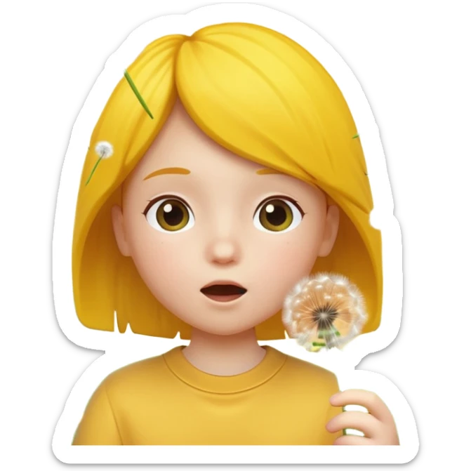 A 3D cartoon child blowing on a dandelion, seeds flying in the air, sunny garden background, realistic Memoji-style. sticker