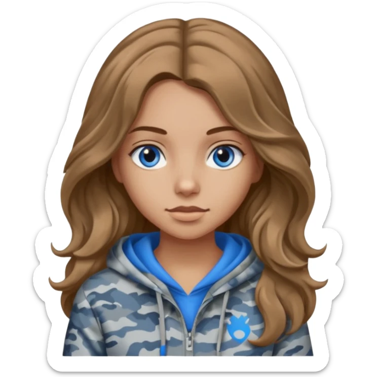 Girl with long wavy light brown hair, blue eyes , medium skin tone, wearing a gray camo hoodie sticker
