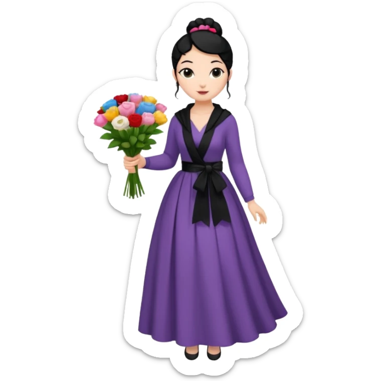 Chica blanca,cuerpo entero, vestido fiesta ,manga larga ,con estola, pelo negro,    ramo de flores una mano, pelo recogido en moño alto sticker