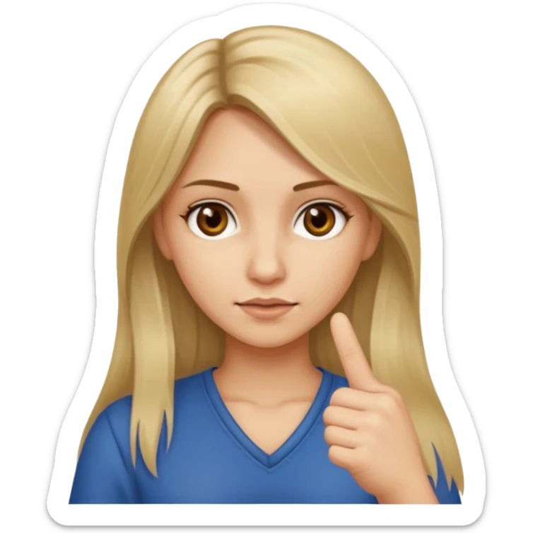 A girl about 35 long dirty blonde, hair, brown eyes holding up the middle finger sticker