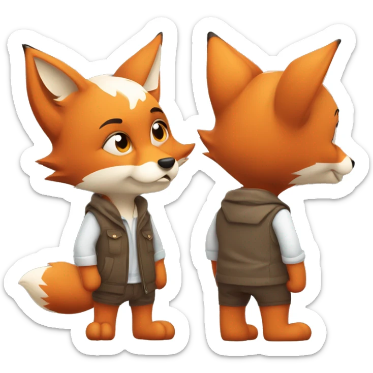 adorable adult male fox cub dressed in casual and playful human clothes. The fox is thinking intensely about something and scratching his head with his hand, there is a serious and thoughtful expression on his muzzle sticker