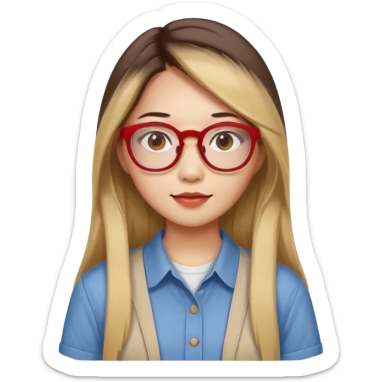 20 yr old asian woman, straight thick long brown hair, blond at ends of hair, middle part, big red glasses, brown eyes, casual shirt sticker