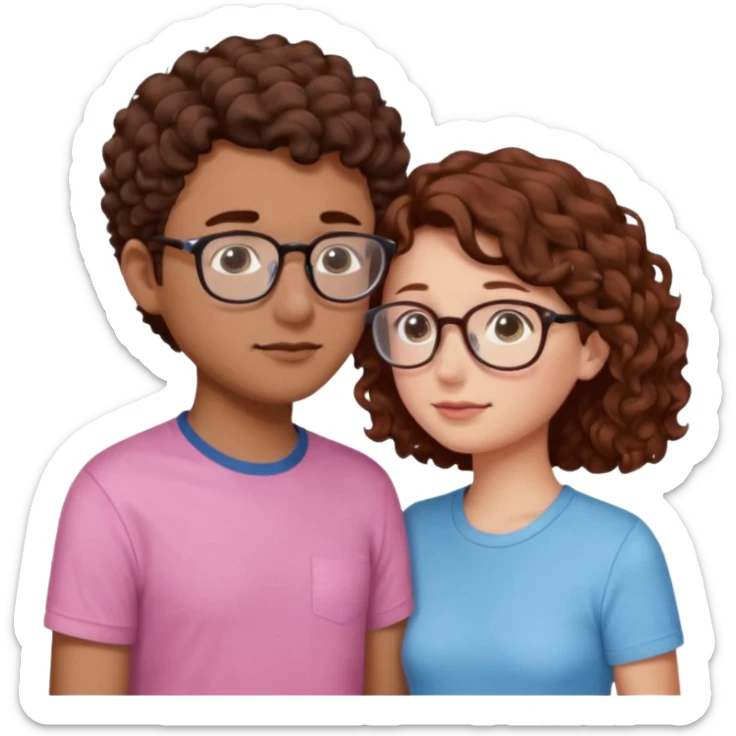 a couple where de girl has short, redish brown hair, pink shirt and the boy has short curly dark brown hair, has glasses and has light blue shirt. they are facing each other and their noses touch sticker