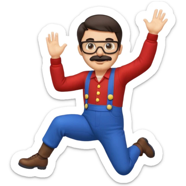 person with glasses, short dark hair, mustache and beard, dressed as Mario, jumping pose sticker
