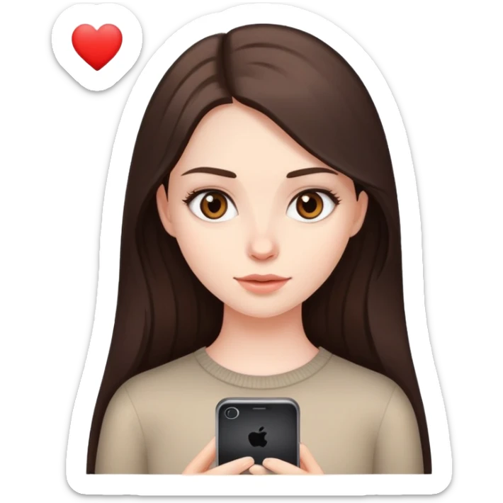 girl with long dark brown hair brown eyes and pale skin looking at dating app sticker