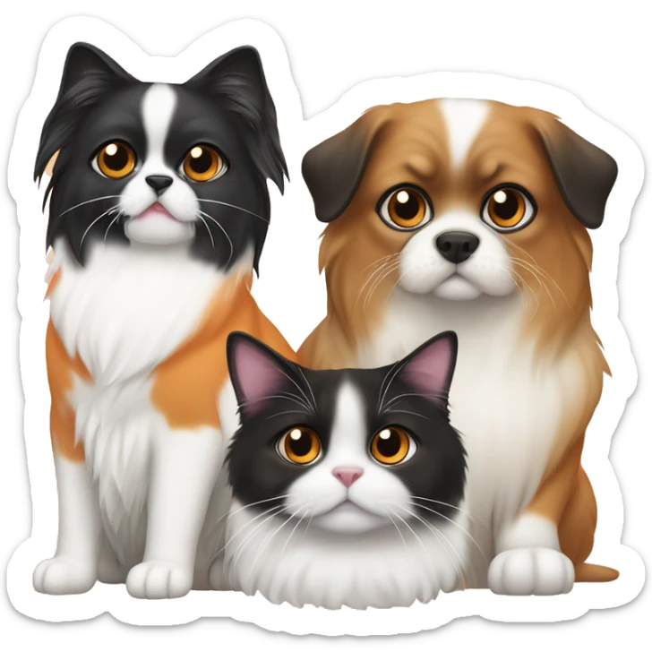 4 cats and a dog emoji One cat is orange, one is tuxedo and teo are domestic cats Dog is pekingese sticker