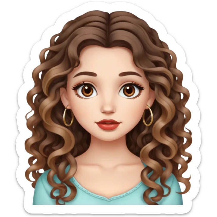 cute girl with not volominous VERY LONG curly/wavy brunette hair with balayage, brown eyes, full lips, cute makeup and hoop earrings white girl: in love face sticker