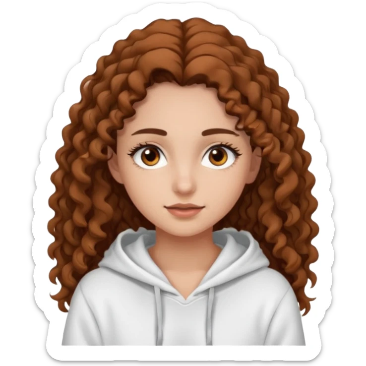 Una ragazza con una felpa semplice bianca,ha gli occhi marroni,i capelli marroni  , c’è gli ha lunghi e ricci  e ha le ciglia lo stile dell immagine deve essere semplice sticker