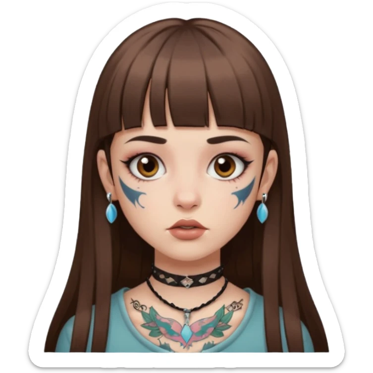 Alternative girl with long straight brown hair and micro bangs and a throat tattoo sticker