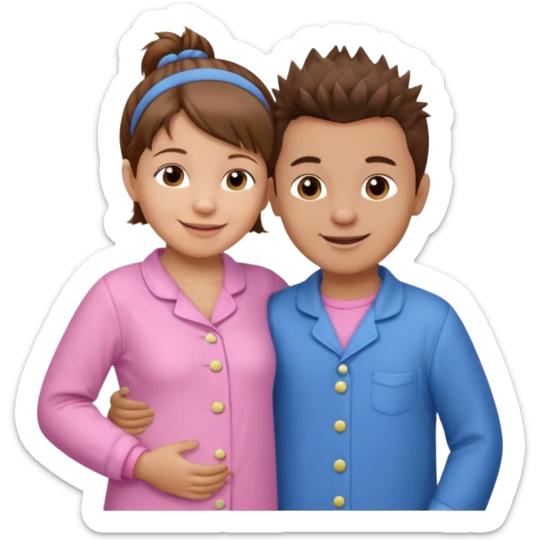 Try another - a smaller toddler girl with brown hair with her hair up, wearing pink pajamas and a bigger 4 year old boy with spikey brown hair, wearing blue pajamas. Both light skin and smiling.  sticker